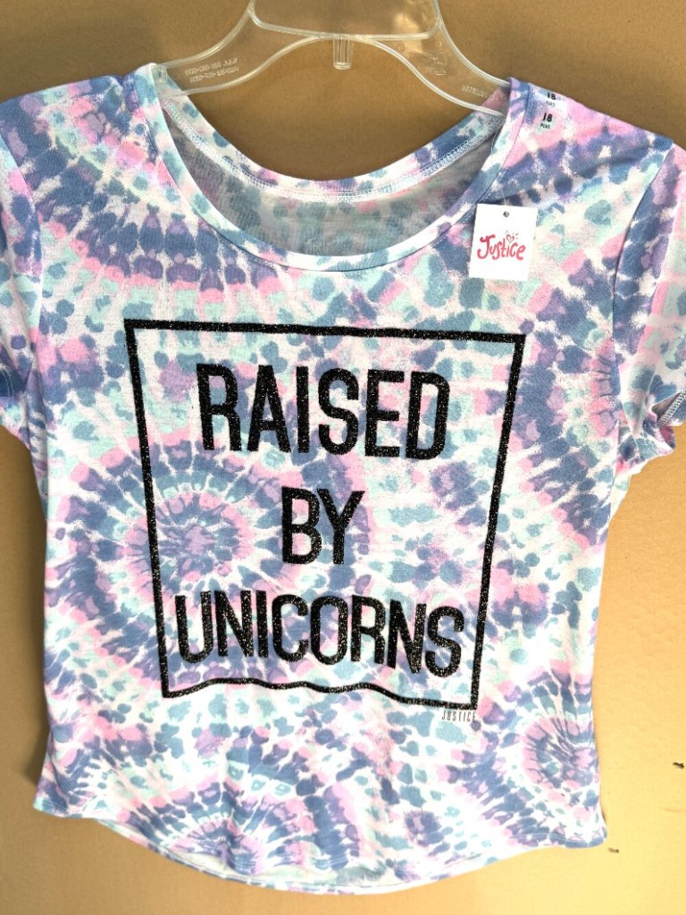 NWT Girls Justice TieDye Short Sleeve Top w/Glitterized "Raised by Unicorns" 18+